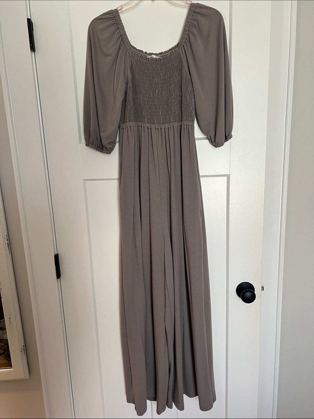 Three Bird Nest Taupe Smocked Maxi Dress with Puff Sleeves
